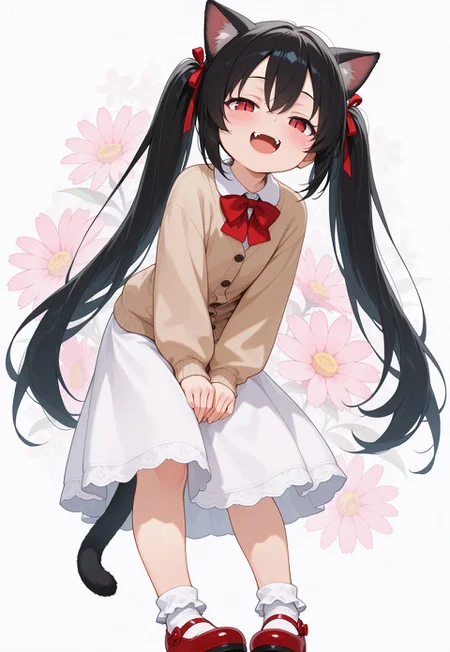 absurdres,masterpiece best quality, amazing quality, standing, leaning forward, v arms, (looking at viewer:1.5), from below, 1girl, animal ears, cat ears, cat tail, black hair,(narrowed eyes:1.3), smile, \:d,fangs, blush, very long hair, hair between eyes, twintails, hair ribbon, red ribbon, tareme, red eyes, slit pupils, light brown cardigan, red bow, buttons, white dress, red mary janes, bobby socks,(floral background:1.2),(white background:1.2), abstract background,(flower:1.5)