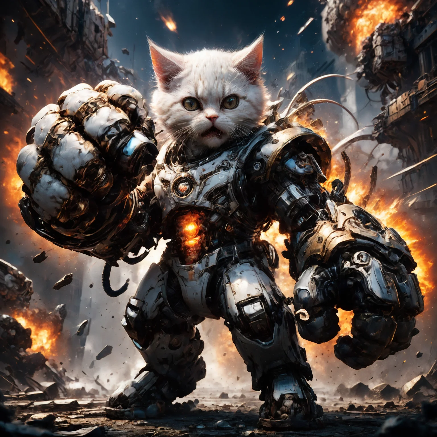 amazing quality, masterpiece, best quality, hyper detailed, ultra detailed, UHD, HDR, DOF, depth of field, perfect anatomy, sci-fi,
kitten, (white hybrid gold) giant mechanical arms, fighting stance, fist, hand up, extremely angry,
glowing, shine, dazzling, war, explosion in background, flame in background, 
<lora:cfc-giant-mechanical-arms:0.7>,
 <lora:ral-vlntxplzn:0.8>, ral-vlntxplzn,
<lora:add-detail-xl:0.85>, 
<lora:EnvyBetterHiresFixXL01:1.0>, 
<lora:extremely_detailed:1.2>, extremely detailed,