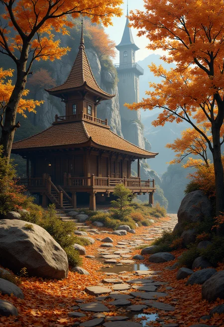 Autumn. Otherworldly. bebop_style, <lora:Cowboy_Bebop_Style:0.8> ,<lora:impossible_geometry_V1.0:0.4> <flux <lora:flux.1_lora_flyway_Epic-detail_v2:0.8>