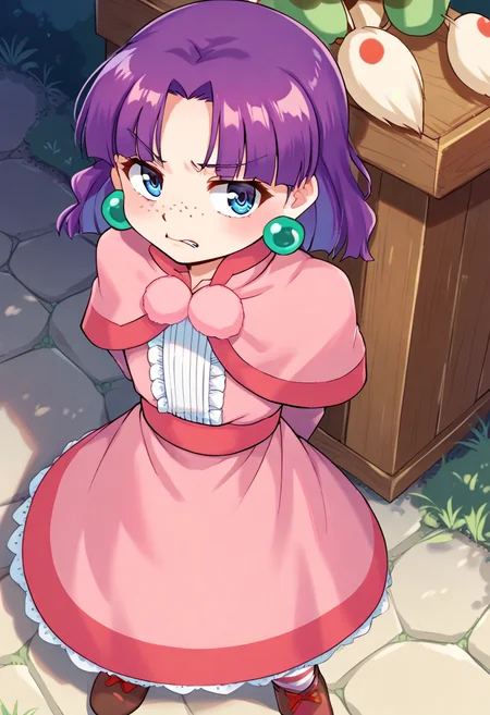 score_9, score_8_up, score_7_up, best quality, uncensored, source_anime, BREAK
1girl, solo, sue(grandia), purple hair, medium hair, hair ribbon, blue eyes, green earrings, freckles, capelet, pink dress, sue(grandia) outfit, striped socks, brown shoes,
disgust, from above, arms behind back, outdoors, 
<lora:sdxl_lightning_8step_lora:1>  <lora:sue(grandia)_XL(pony):1>