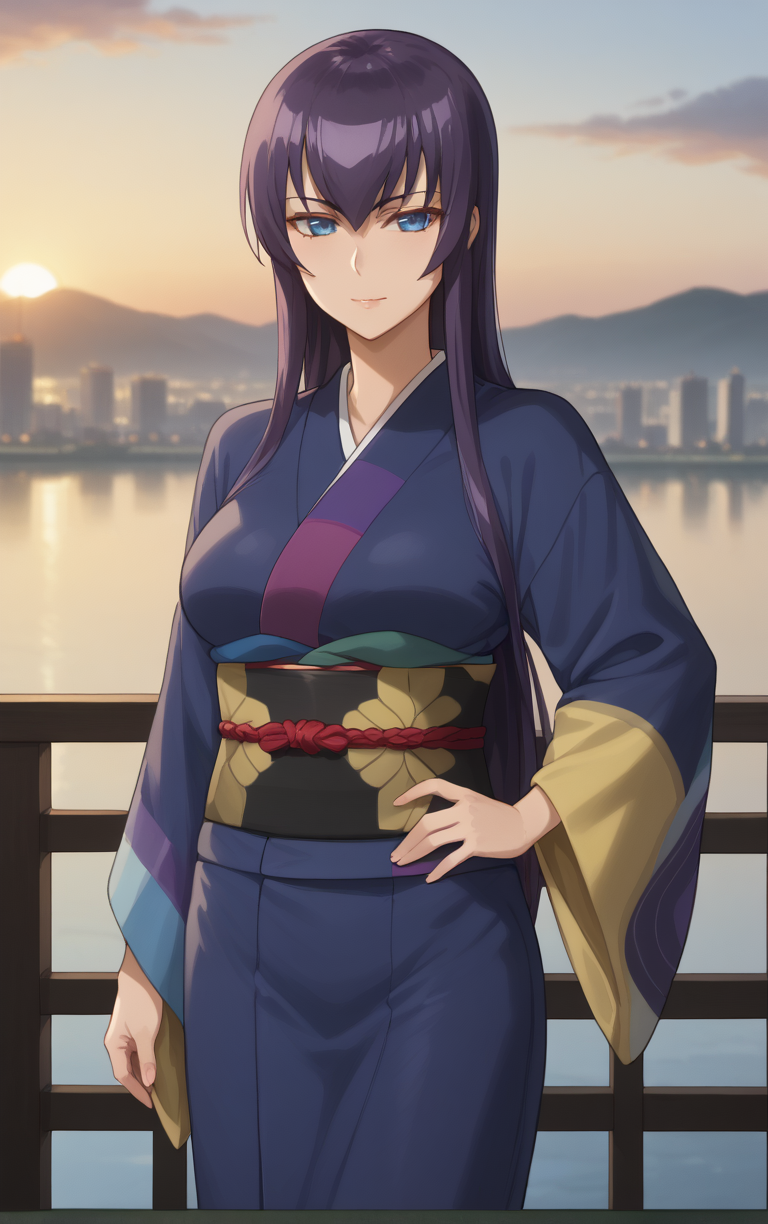 score_9, score_8_up, score_7_up, looking at viewer,  BREAK
Kimono_SaekoBusujima_ownwaifu, 
1girl, blue eyes, hair between eyes, long hair, purple hair, very long hair, large breasts, bangs, sidelocks, 
japanese clothes, kimono, sash, obi, long sleeves, tabi, wide sleeves,
(contrapposto, hand on hip), sunset, sidelighting, cityscape, outdoors, <lora:PONYXL_HighschoolOfTheDead_SaekoBusujima_ownwaifuV1:1> , depth of field, solo,
