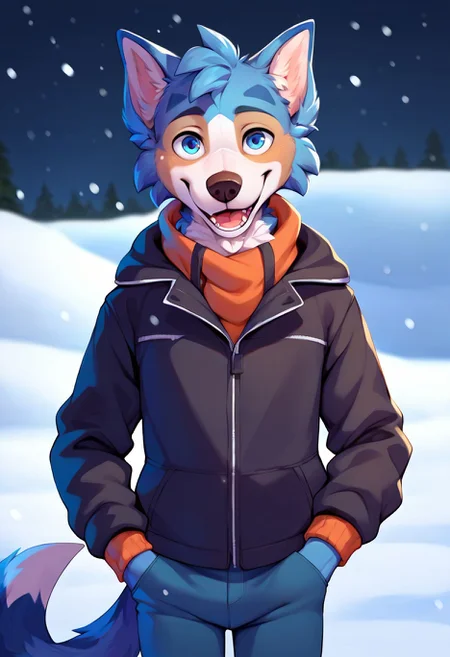 <lora:kade_nicole_pny-15:0.8> kade (savestate), looking at viewer, smile, open mouth, blue eyes, long sleeves, 1boy, animal ears, standing, blue hair, jacket, tail, male focus, pants, black jacket, furry, snow, furry male, blue fur, hands in pockets,, score_9, score_8_up, score_7_up, score_6_up, score_5_up, score_4_up