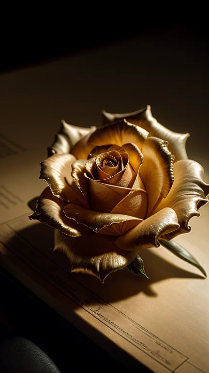 Dreamscape realistic breathtaking, a lonely beautiful rose fossil rose made of amber, atmospheric, sparkly, incredible, dreamy, magical, backlit, award winning, intricate details, ultra details, realistic, professional, highly detailed, super sharp, close up, fantastical, enchanting, storybook style, golden hour light . Surreal, ethereal, dreamy, mysterious, fantasy, highly detailed
