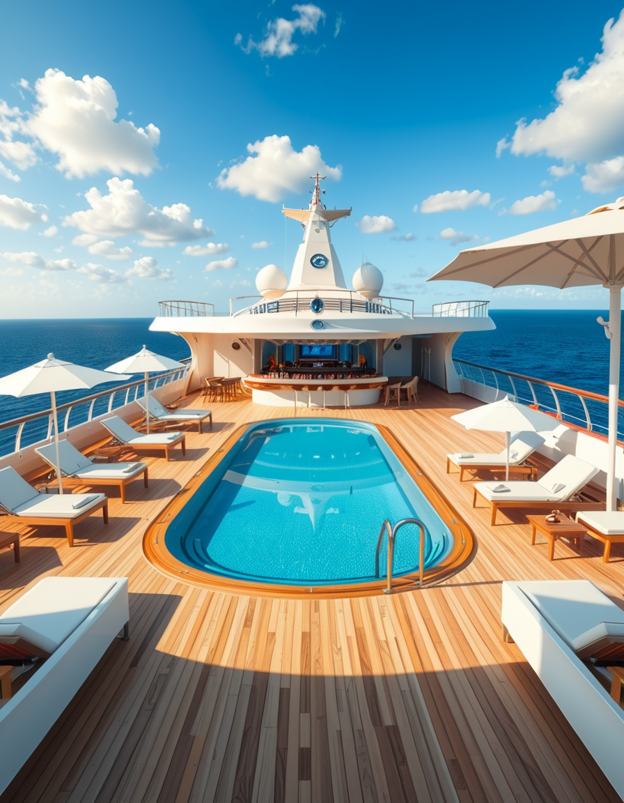 A wide, high-resolution view of the upper deck of a modern luxury cruise ship, completely empty of people. The deck features a clean, polished teak wood floor and sleek white railings along the edges. Several neatly arranged lounge chairs line both sides, with large white parasols providing shade. In the center of the deck, a crystal-clear swimming pool reflects the blue sky, with no one in or around it. To one side, a stylish bar area with a curved canopy stands closed, with colorful bottles and barstools neatly arranged. The background reveals the endless ocean meeting the horizon, under a bright, cloud-speckled blue sky. The lighting is natural daylight, casting soft shadows and highlighting the modern, serene, and luxurious ambiance of the cruise ship deck. No signs of human presence â everything is pristine, calm, and ready for guests.
<lora:SDXLFaeTastic2400:0.4> <lora:extremely_detailed:0.4> extremely detailed,<lora:luxury_cru1s3_sh1p:1>,luxury cru1s3 sh1p, Masterpiece,best quality,hi res,8k,hi res,8k,award winning,(sharp focus, intricate, highly detailed),