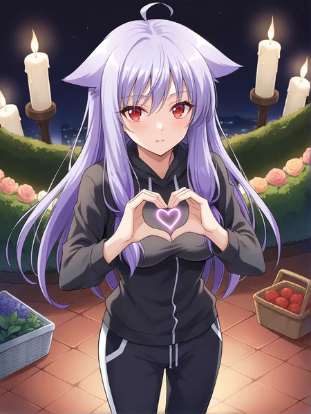 score_9, score_8, score_7_up, source_anime
1girl, Kiriya Nozomi , purple hair, flat animal ears, long hair, solo, red eyes,
sweatpants, pullover, heart hands
candle-filled,garden,picnic, glowing,neon,lights,twinkling, from above, socks
,medium breasts, perky breasts,
<lora:Kiriya Nozomi é§è°· å¸ v0.1 :0.6> <lora:StS_PonyXL_Detail_Slider_v1.4_iteration_3:0.2> <lora:Expressive_H:0.1> <lora:housechores-guy-PONYv1:0.4>
