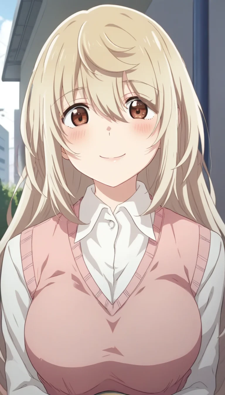 score_9,score_8_up,score_7_up,score_6_up BREAK official art,solo,outdoors,upper body,(portrait:1.5),looking at viewer,facing viewer,smile,blush,Ookami Hinako,very long hair,light brown hair,sidelocks,hair between eyes,bangs,brown eyes,taut clothes,school uniform,sweater vest,pink vest,white shirt,collared shirt,dress shirt,long sleeves,large breasts,miniskirt,grey skirt,plaid skirt,pleated skirt,black socks,loafers,<lora:Ookami Hinako(oswt)-Pony:1.5>,