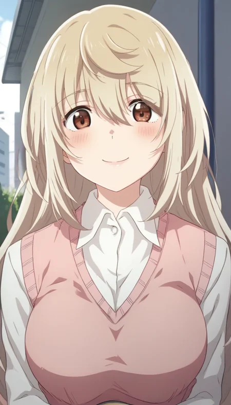 score_9,score_8_up,score_7_up,score_6_up BREAK official art,solo,outdoors,upper body,(portrait:1.5),looking at viewer,facing viewer,smile,blush,Ookami Hinako,very long hair,light brown hair,sidelocks,hair between eyes,bangs,brown eyes,taut clothes,school uniform,sweater vest,pink vest,white shirt,collared shirt,dress shirt,long sleeves,large breasts,miniskirt,grey skirt,plaid skirt,pleated skirt,black socks,loafers,<lora:Ookami Hinako(oswt)-Pony:1.5>,