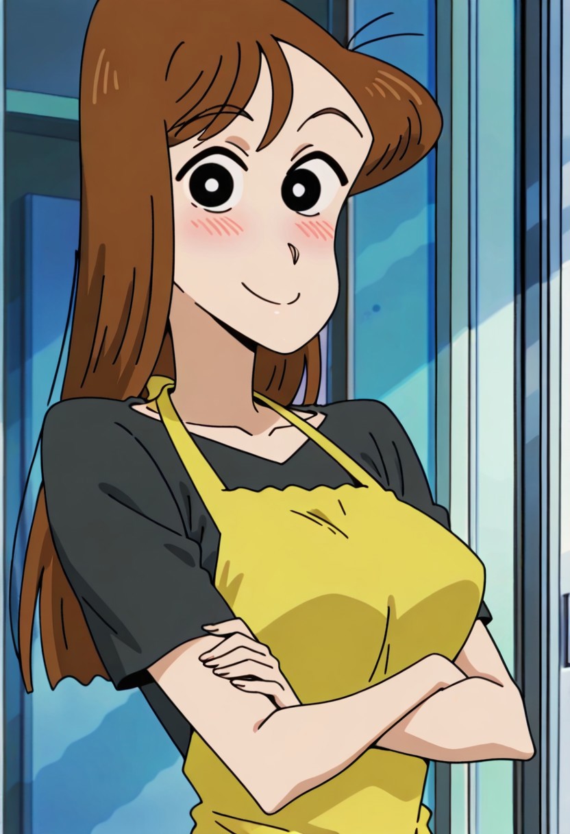 best quality, masterpiece, anime screencap, anime coloring, ultra detailed, source_anime, intricate details, perfect anatomy, looking at viewer,
nakamura, long hair, brown hair, black eyes, breasts,
crossed arms, 1girl, solo, shirt, short sleeves, upper body, apron, black shirt,
smile, blush,
