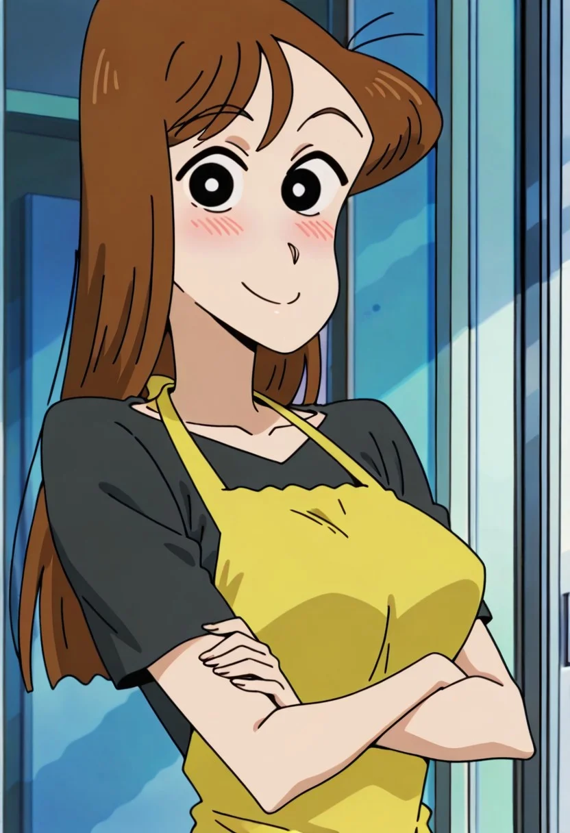 best quality, masterpiece, anime screencap, anime coloring, ultra detailed, source_anime, intricate details, perfect anatomy, looking at viewer,
nakamura, long hair, brown hair, black eyes, breasts,
crossed arms, 1girl, solo, shirt, short sleeves, upper body, apron, black shirt,
smile, blush,