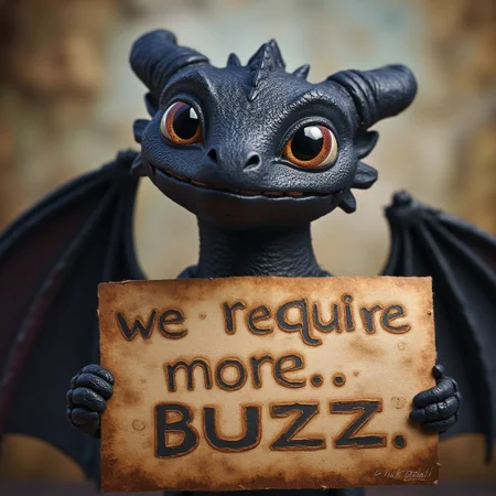 A realistic happy black dragon with wings is looking at the viewer, he is holding a sign that says "we require more buzz", detailmaximizer