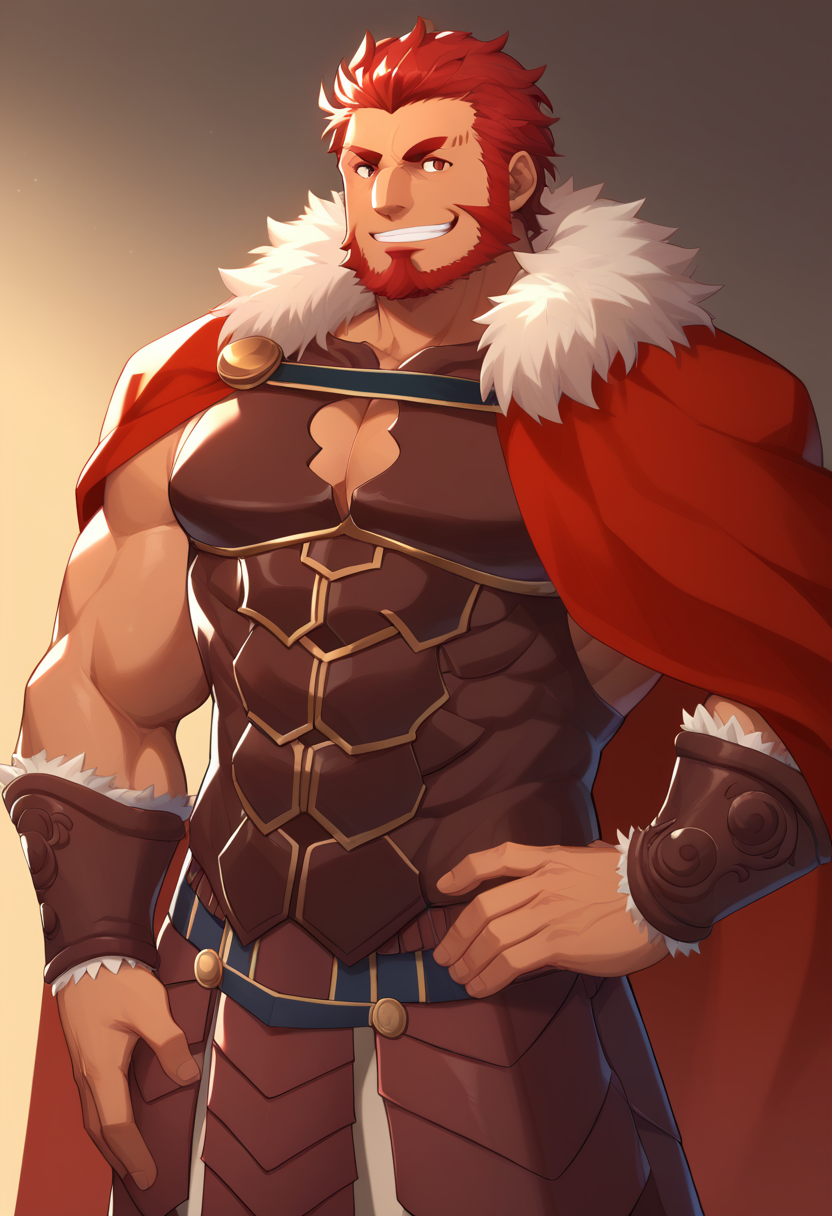 score_9,score_8_up,score_7_up,<lora:fate_zero_all:1>,1boy, character: iskandar_(fate), dark-skinned_male, mature_male, solo, cowboy_shot, male_focus, smile, dark_skin, beard, thick_eyebrows, facial_hair, red_hair, short_hair, hand_on_own_hip, armor, cape, fur-trimmed_cape, red_cape, bara, biceps, breastplate, fur_trim, large_pectorals, muscular, muscular_male, pectoral_cleavage, pectorals