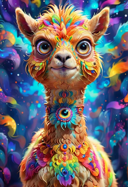 Radiant, big-eyed very fluffy alpaca at night, abstract art by Anne Truitt, Synthetism, psychedelic colors, psychadelicchaos, psychadelic, sharp focus, highly intricate, full color, confident, intricate artistic color, handsome