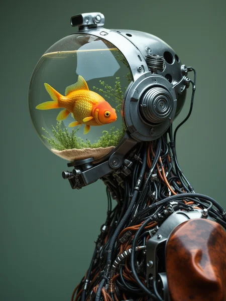 w1z_m4ch1n4. gentleman cyborg robot with a fish bowl head, with a small goldfish
