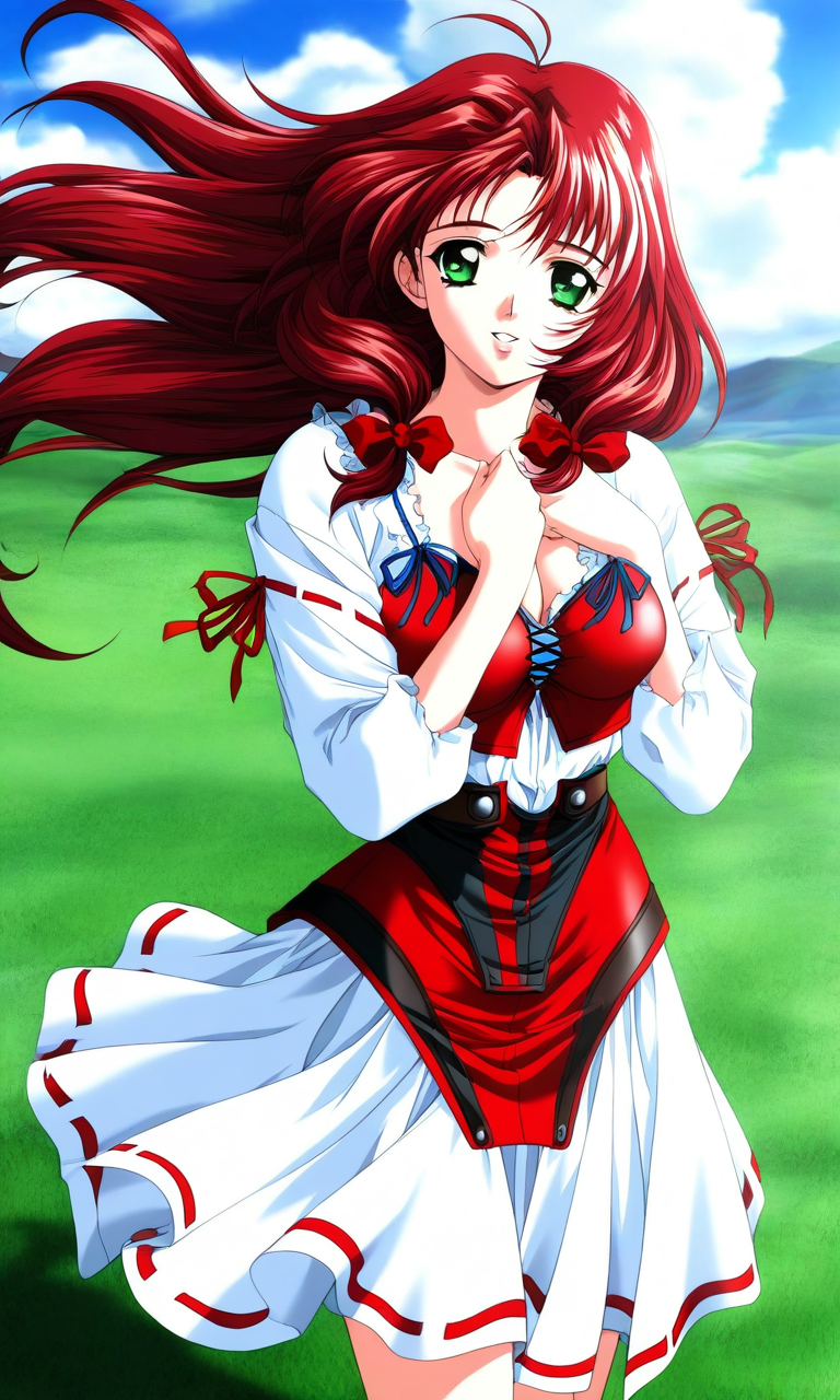 general,highres, ultra-detailed,very aesthetic,best quality ,best hands, BREAK <lora:Mew_words_worth_IS:1>anime coloring, anime_screencap, 
Mew(words_worth), 1girl, solo, green eyes, red hair, long hair, ribbon, hair ribbon, breasts,
long sleeves, smile, outdoors, day, hands on own chest,
 looking at viewer,  wind, parted lips, sky, grass, bow, hair bow, ribbon trim, cloud, cleavage