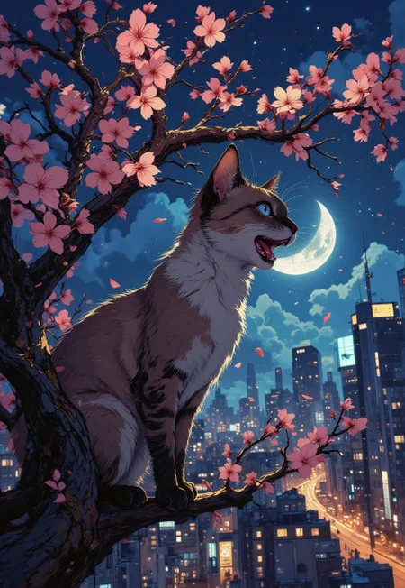A full-body side portrait in an anime studio style that captures a pristine Siamese cat in mid-yawn facing the viewer. The cat, rendered in exquisite detail with fluffy, well-textured fur, displays an wide open mouth with its outstretched tongue playfully rolled up and a hint of teeth visible, emphasizing its relaxed, carefree expression. It is perched on a sturdy branch of a flourishing sakura tree, surrounded by an abundance of delicate cherry blossoms that drift gently around it. In the background, a vibrant cityscape at night unfolds, its twinkling lights contrasting with a deep, starry sky. A shimmering crescent silver moon hangs low, casting a soft, ethereal glow over the scene. Volumetric lighting streams through the blossoms and around the cat’s profile, adding cinematic depth and dramatic highlights. The overall composition blends the natural charm of the blooming tree with the urban nighttime allure, creating a masterpiece that is both atmospheric and playful.
in the style of cksc, DB4RZ, aidmafluxpro1.1, Anime art