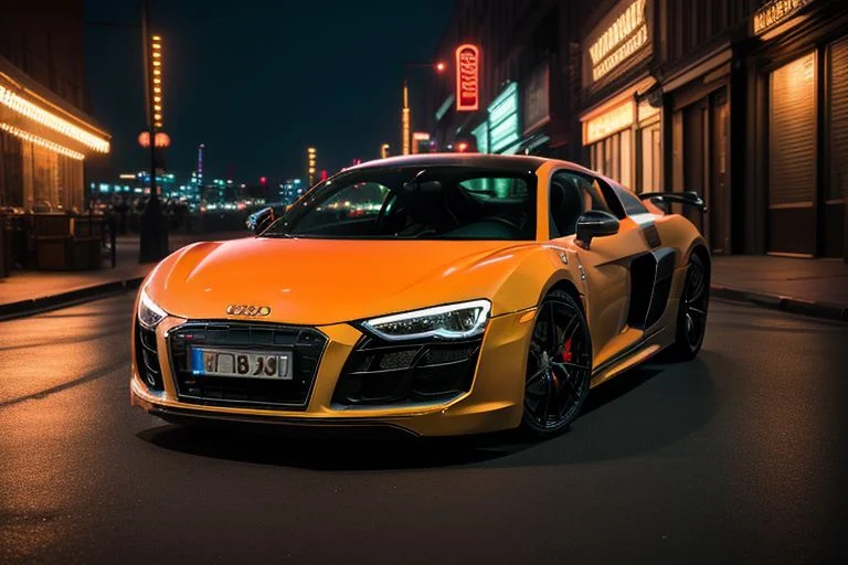 cars fantastic orange, [Audi R8], speed, intricate detail ,neon city background, city background, night, HD. Photograph , in table((realism)), extremely high quality RAW photograph, ultra detailed photograph, sharp focus, high resolution, (detailed skin:1,3),high quality, film grain, Fujifilm XT3,Highly Detailed, movie, (Cinematic Photo:1.3) of (Realistic:1.3)