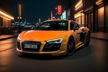 cars fantastic orange, [Audi R8], speed, intricate detail ,neon city background, city background, night, HD. Photograph , in table((realism)), extremely high quality RAW photograph, ultra detailed photograph, sharp focus, high resolution, (detailed skin:1,3),high quality, film grain, Fujifilm XT3,Highly Detailed, movie, (Cinematic Photo:1.3) of (Realistic:1.3)