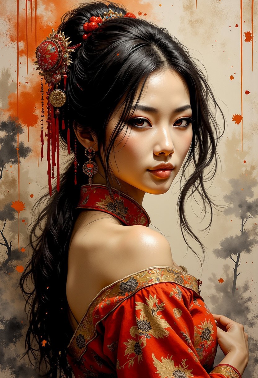 A dinkfsn style ink wash painting,  breathtaking detailed, masterpiece, awe-inspiring, radiant, magnificent. (all dark hues and fine vibrant orange glowing smoldering accent and shiny silver color scheme:1.02), glossy inksplash image. beautiful oriental woman, long hair, gold and red cheongsam, turning to look at viewer, direct sensual gaze