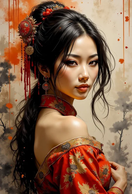 A dinkfsn style ink wash painting, breathtaking detailed, masterpiece, awe-inspiring, radiant, magnificent. (all dark hues and fine vibrant orange glowing smoldering accent and shiny silver color scheme:1.02), glossy inksplash image. beautiful oriental woman, long hair, gold and red cheongsam, turning to look at viewer, direct sensual gaze