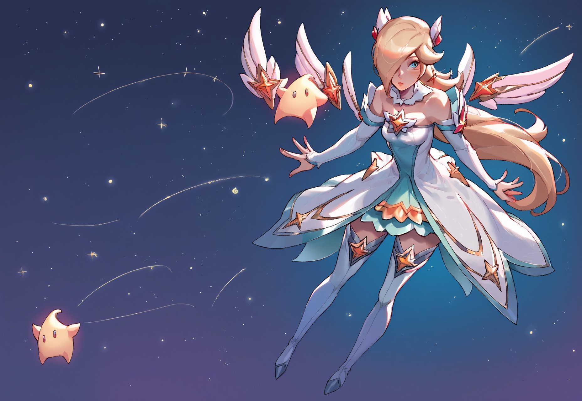 safe_pos, safe_pos,score_9, score_8_up, score_7_up, score_6_up, score_5_up, score_4_up, 

comic style, multiview, multi view, manga,

standing, close up, flying,
1girl, Rosalina, medium breasts, 


star guardian (league of legends), makeup, long hair,  jewelry, star (symbol), medium breasts, detached collar, bare shoulders, white dress, detached sleeves, white elbow gloves, long dress, white thighhighs, thigh boots




