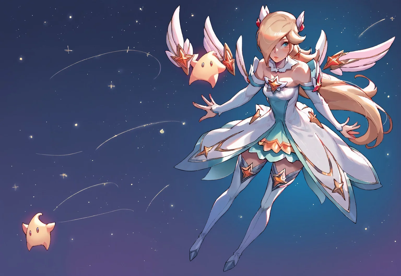 safe_pos, safe_pos,score_9, score_8_up, score_7_up, score_6_up, score_5_up, score_4_up,
comic style, multiview, multi view, manga,
standing, close up, flying,
1girl, Rosalina, medium breasts,
star guardian (league of legends), makeup, long hair, jewelry, star (symbol), medium breasts, detached collar, bare shoulders, white dress, detached sleeves, white elbow gloves, long dress, white thighhighs, thigh boots