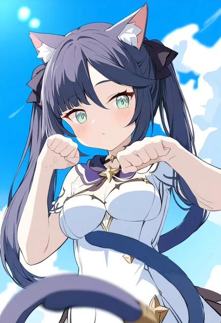 1girl,mona (genshin impact), ankward,twin tails,hands up, mid breasts, blue sky, cowboy shot, day,paw pose,pov,animal ears,cat ears, cat tail,from below, looking at viewer, highly detailed, absurdres, masterpiece, blurry_background ,close up,negative_hand,leaning forward,