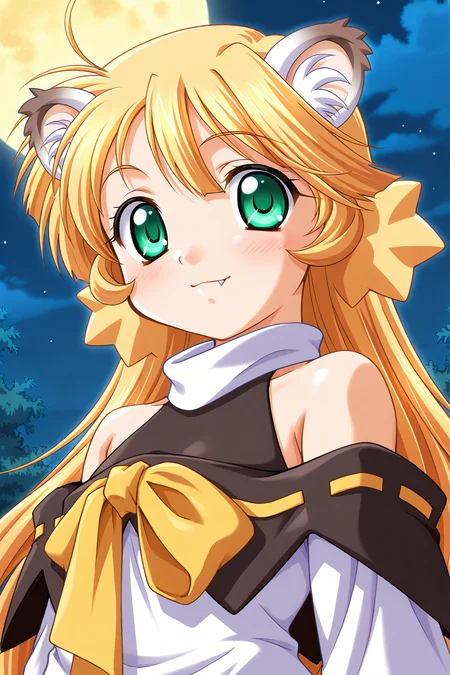 masterpiece, best quality, absurdres, official art, official style, general BREAK <lora:ouki-torakapu_IL_v1-1:0.7>, ouki, 1girl, solo, green eyes, blonde hair, sidelocks, long hair, ahoge, no headwear, flat chest, tiger girl, tiger ears, animal ear fluff, turtleneck, halterneck, black capelet, yellow ribbon, ribbon trim, white dress, short dress, off-shoulder dress, bare shoulders, yellow bow, breast bow, long sleeves, wide sleeves, detached sleeves, blush, blissful, closed mouth, fang, upper body, close-up, looking at viewer, outdoors, full moon, night, cloud, night sky, moonlight, starry sky, glowing