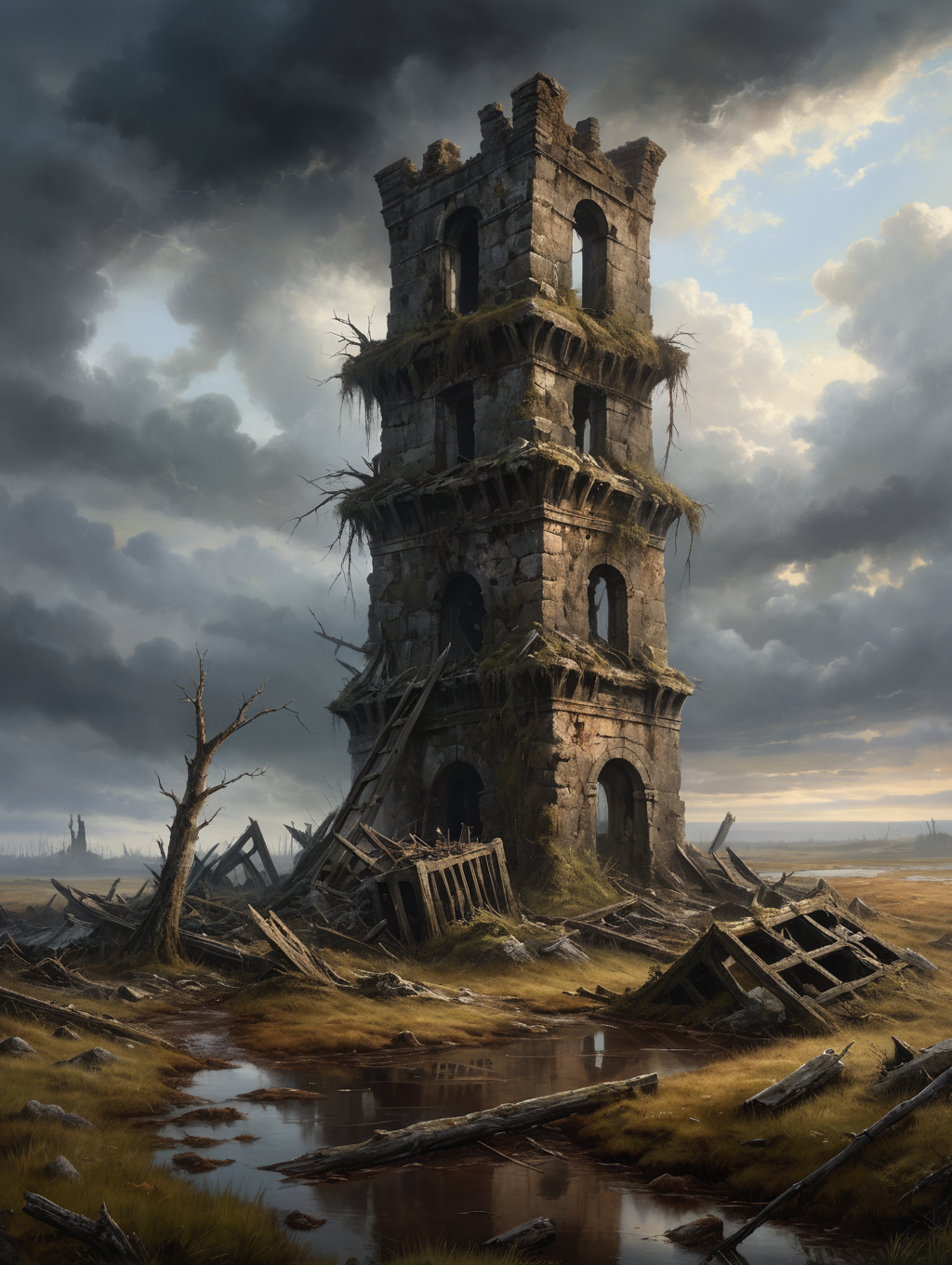oil painting, A collapsed tower in the moorland, dark clouds, (misty:1.5), creepy atmosphere, dramatic light, (darkness:2.5), 34K uhd, masterpiece, high detail, 8k, intricate, detailed, high resolution, high res, high quality, <lora:add-detail-xl:1.8>, highly detailed, Extremely high-resolution details, fine texture,