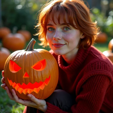 The photograph in question is a stunning production still, capturing a young woman with short red hair, dressed in a textured red wool sweater, sitting in a London garden during a sunny Halloween day.  She is holding a terrifying-looking carved pumpkin, with a red glowing from inside, in her hand.  The photograph is shot on 35mm film, providing a timeless and classic quality to the image. The lens used is sharp, rendering every detail of the scene with crisp clarity.
The photograph is taken from a low angle, looking up at the subject, creating a sense of intimacy and vulnerability. The close-up shot focuses on the subject's face and upper body, with a side profile view that showcases her candid smile and the warmth in her expressive eyes. Her green eyes are the focal point of the image, catching the light in a way that is both appealing and alluring.
The garden surrounding the subject is daytime autumn garden, with carved pumpkin all around, providing a natural and organic backdrop to the scene. The sunlight filters through the garden, casting a warm and inviting light on the subject's face. The professional lighting and color grading of the photograph enhance the clean and sharp film look, with even lighting that highlights the subject's light freckles, natural skin imperfections, and visible skin pores.
Overall, the photograph is a beautiful and evocative image that captures the spirit and personality of the young woman in a candid and authentic way. The combination of the 35mm film, sharp lens, low angle, and close-up shot creates a stunning visual that is both timeless and modern, making it a perfect production still for a movie.