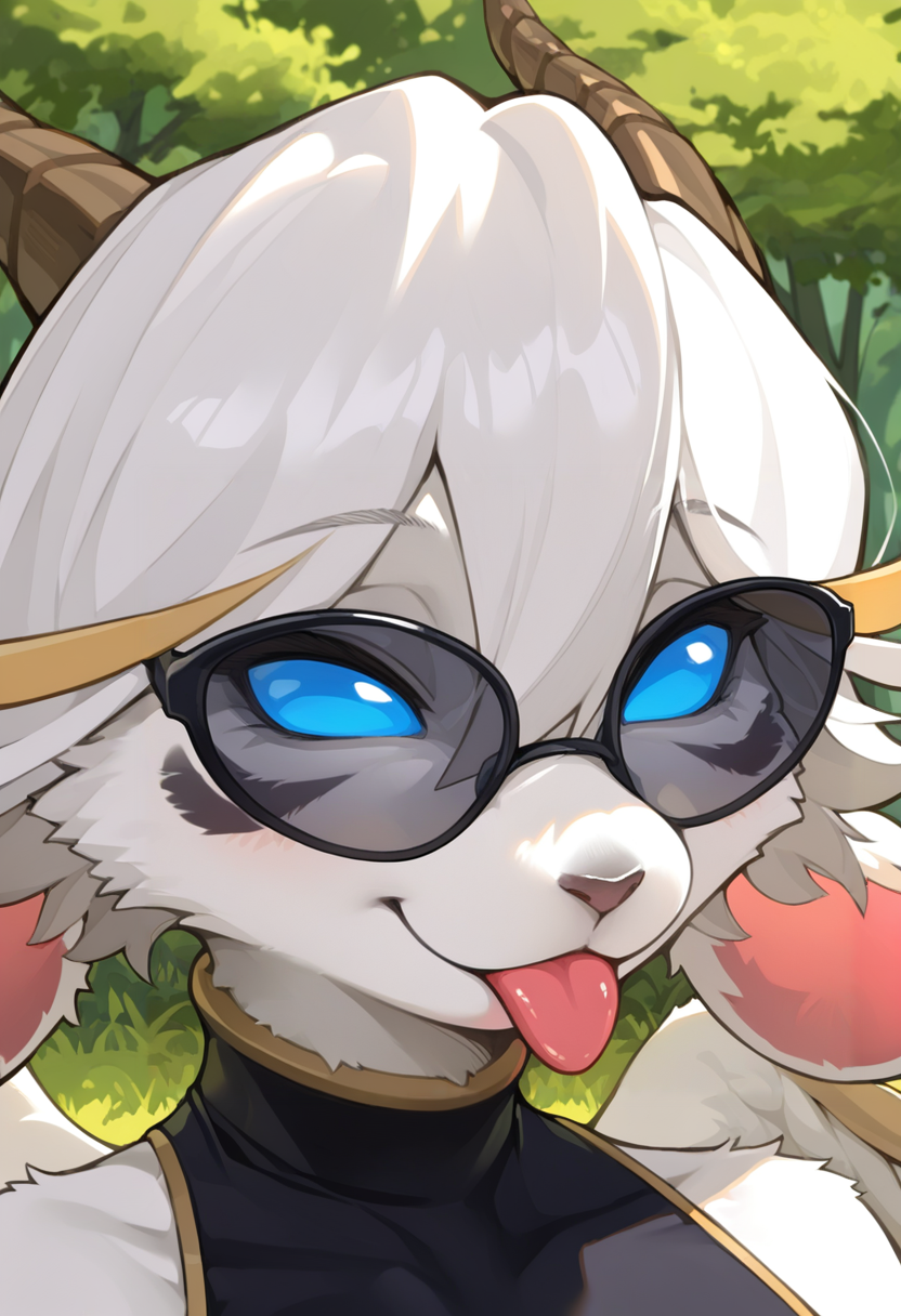 <lora:YGO_BWotDS_a1_13_NoobXL-eps:1>,<lora:EatSleep1111StyleSDXL11:0.7>,<lora:merrytailSDXLstyle:0.3>,eatsleep1111,merrytail,masterpiece,best quality,amazing quality,high quality,very aesthetic,absurdres,newest,shaded,digital media \(artwork\),depth of field,solo,ygobwotds,anthro,female,detailed background,sunglasses,three-quarter view,forest,wings,blue eyes,no sclera,crop top,headshot portrait,closed smile,tongue out,black facial markings,no pupils,