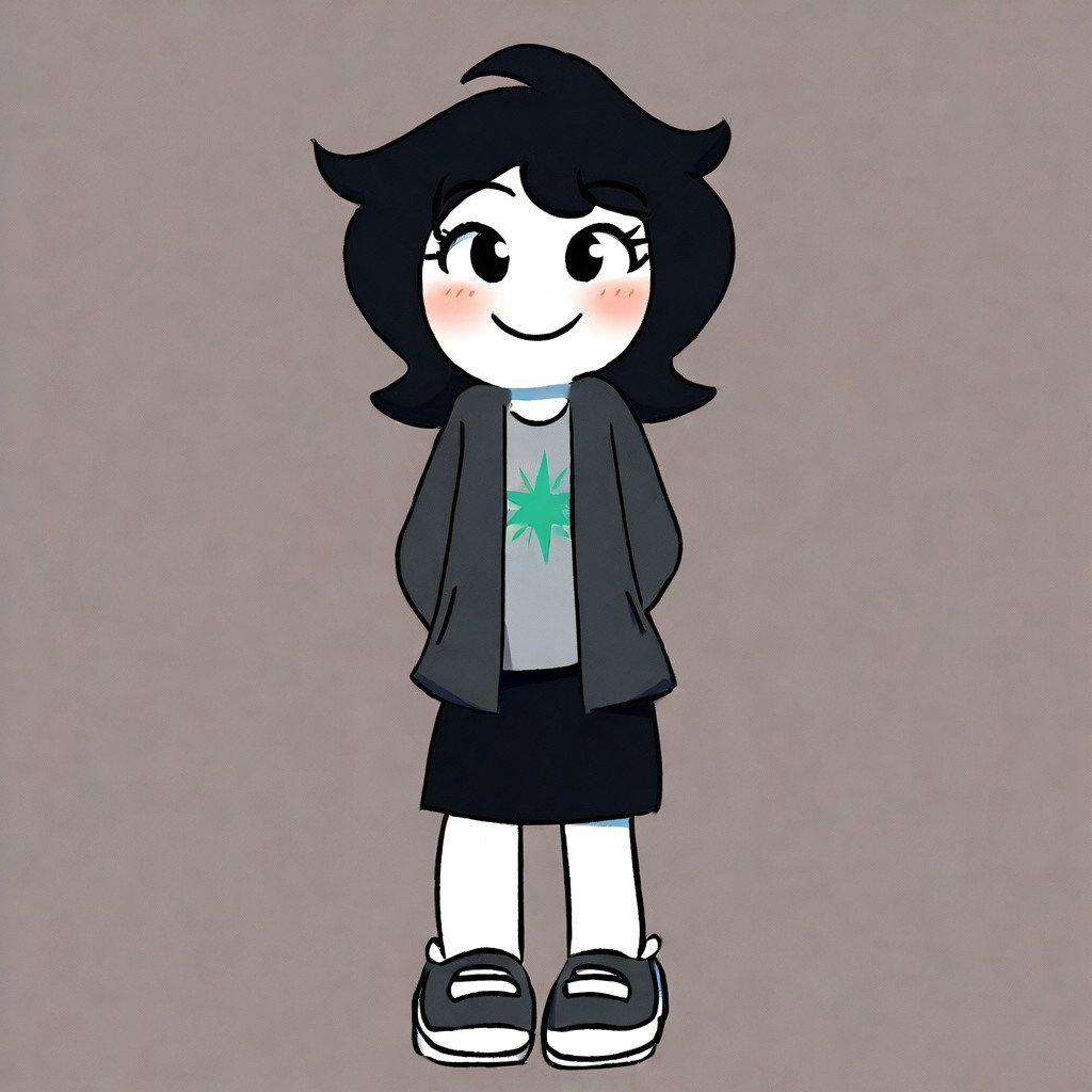 1girl, joeyclaire, white skin, black hair, medium hair, jacket, shirt, skirt, shoes, solo, cute, standing, smiling, blush, upper body,