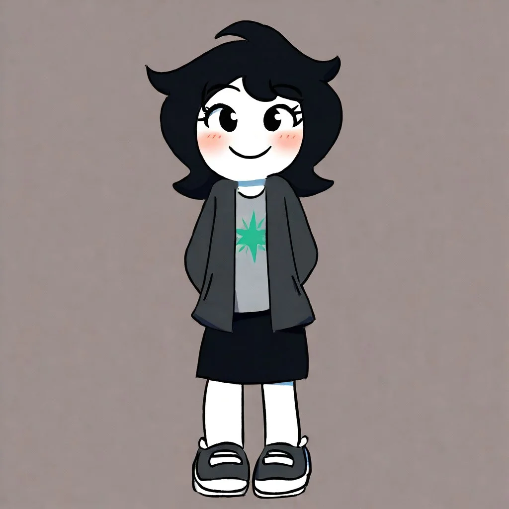 1girl, joeyclaire, white skin, black hair, medium hair, jacket, shirt, skirt, shoes, solo, cute, standing, smiling, blush, upper body,