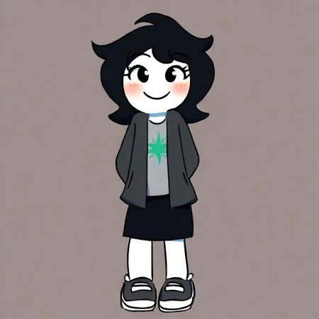 1girl, joeyclaire, white skin, black hair, medium hair, jacket, shirt, skirt, shoes, solo, cute, standing, smiling, blush, upper body,