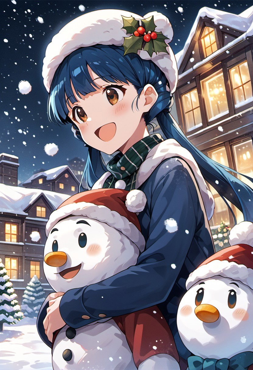score_9, score_8_up, score_7_up, source_anime, kitakami reika, long hair, blue hair, twintails, brown eyes, 1girl, snowman, hat, smile, snowing, snow, open mouth, night, christmas, blush, :d, building