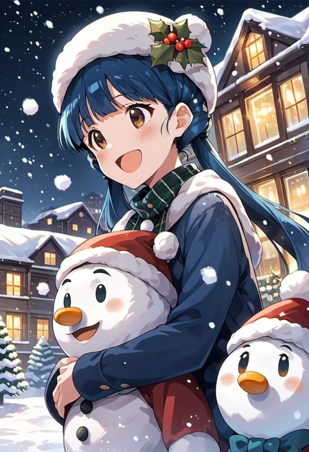 score_9, score_8_up, score_7_up, source_anime, kitakami reika, long hair, blue hair, twintails, brown eyes, 1girl, snowman, hat, smile, snowing, snow, open mouth, night, christmas, blush, :d, building