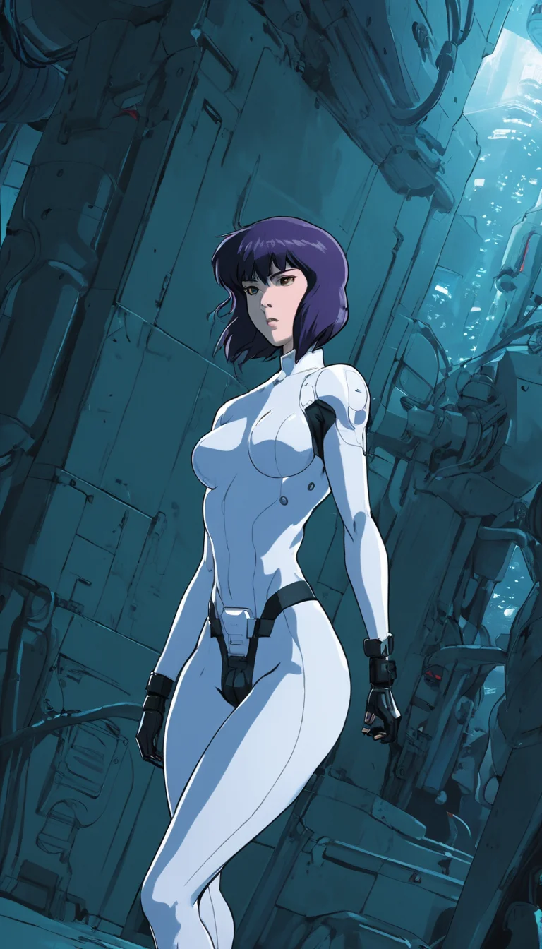 comic Cinematic scene, Kusanagi Motoko, Ghost in the Shell, detailed background, masterpiece, best quality, high quality, highres, absurdres <lora:kusanagi_motoko:1> . graphic illustration, comic art, graphic novel art, vibrant, highly detailed