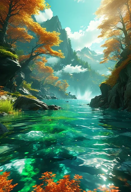 (ultra high res:1.4), (masterpiece), (beautiful lighting:1.4) , burning lush green forest, Mountains, Bright sunlight illuminates the crystal-clear water, (deep underwater), anime, half above water and half below water, (clear underwater), beautiful sky with clouds and smoke, embers landing on the water, fish, depth