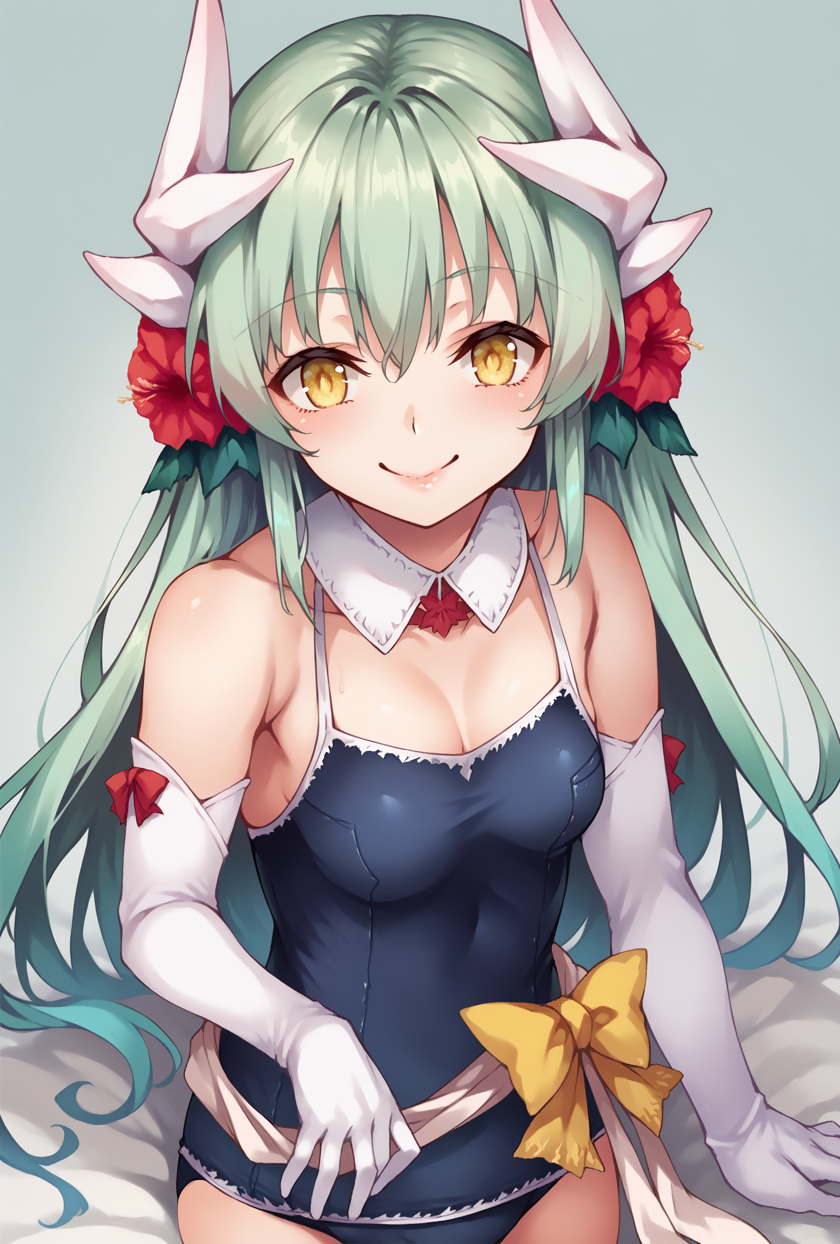 score_9,score_8_up,score_7_up,score_6_up,score_5_up,score_4_up, source_anime,  <lora:kiyohime_(lancer)_XL_1:1>  bbkiyo, long hair, green hair, white horns, hair flower, yellow eyes, detached collar, cleavage, school swimsuit, blue one-piece swimsuit, elbow gloves, white gloves, sash, blush, smile,   <lora:Michiking-Style-PonyXL-Dora-000022:1>
