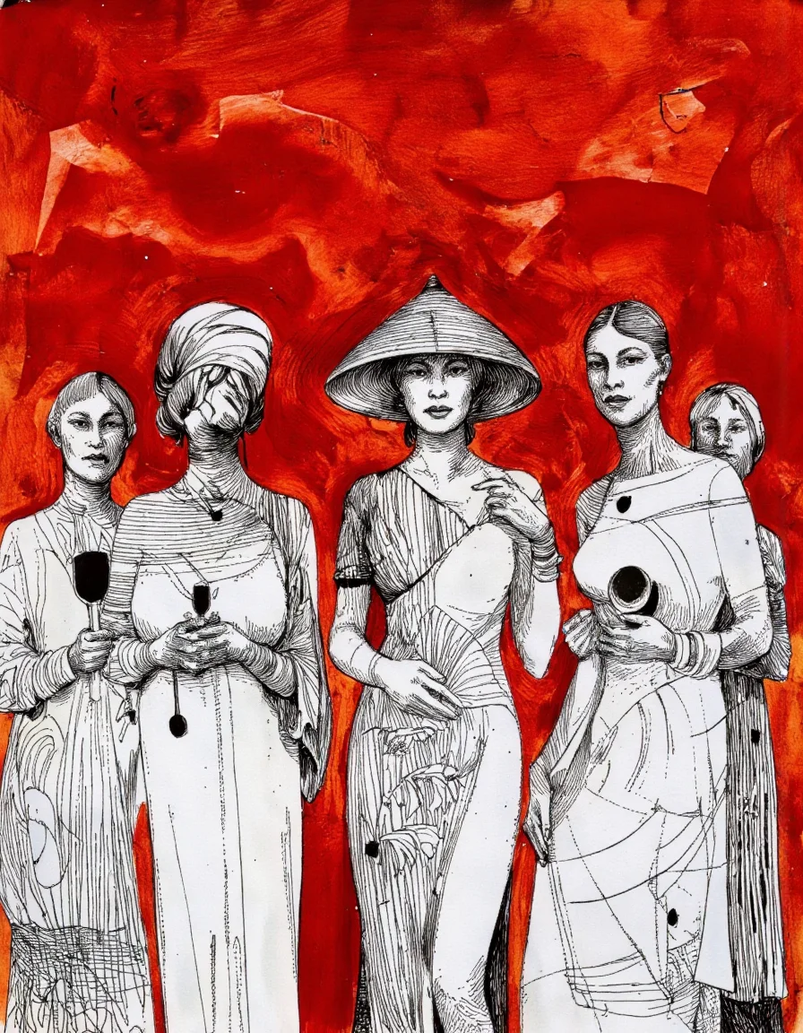 Art by Eli Minaya. A drawing, mixed media on paper, from the front, depicting a group of four figures standing in a line, each with distinct features and clothing, against a vibrant red background. the central figure, a woman, stands in the middle of the image, wearing a long, flowing dress and a large, ornate hat, while the other three figures are standing on either side of her, each holding a different object in their hands. the woman has a serene expression and is positioned in the center of the group, with her body facing the viewer and her eyes looking directly at the viewer. her hair is tied up in a traditional turban, and she has a slender physique. the figures are drawn in black and white, with intricate lines and shapes that create a sense of depth and dimensionality. the red background provides a striking contrast to the figures, making them stand out even more prominently in the image. the overall style of the drawing is reminiscent of contemporary abstract art, with bold lines and abstract shapes that bring the figures to life.