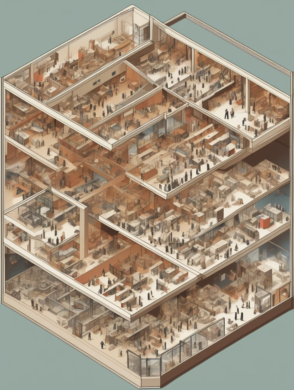 <lora:Isometric Cutaway:1>Isometric Cutaway - a diagram of an office floor with a high hierarchy and bureaucracy, organized in lines of production, following the principles of cientific managment, with workers grouped in individual spaces and separete rooms, following the hierarchy levels, as a reference of the larking building from frank lloyd wright