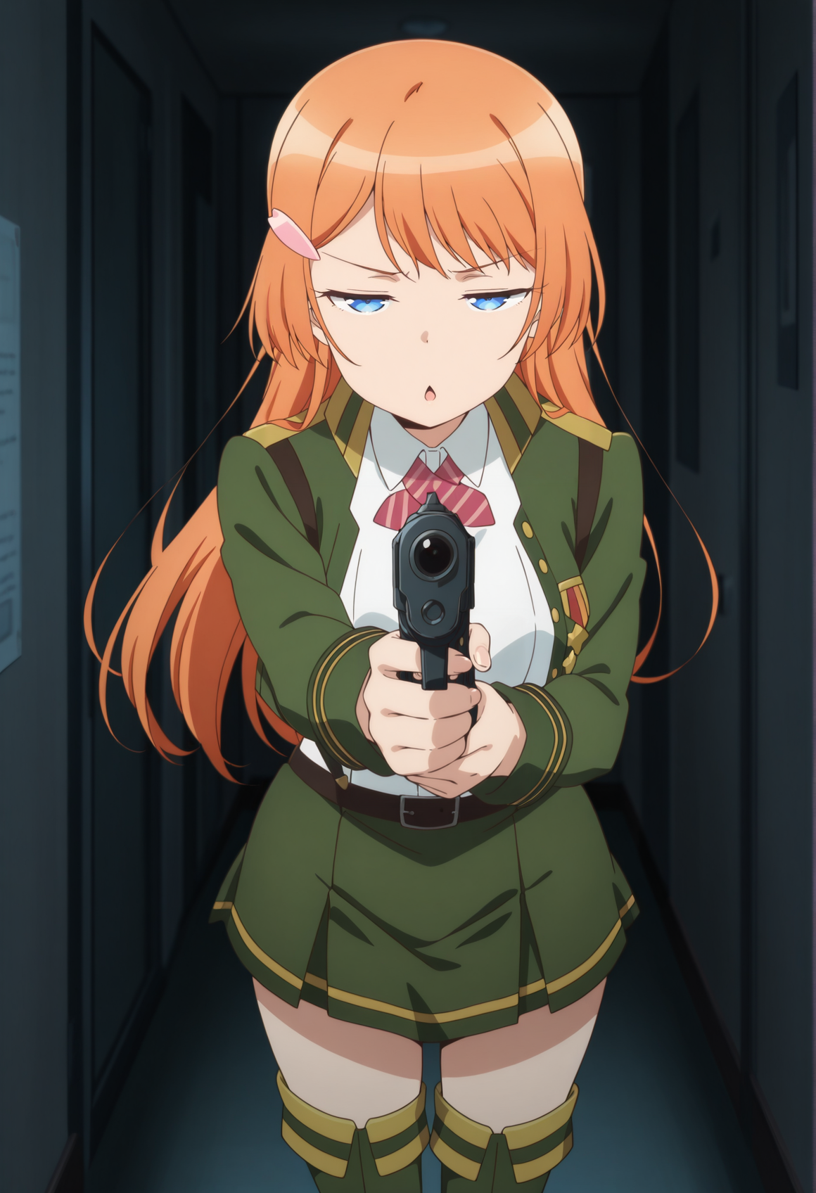 anime screenshot, anime screencap, anime coloring, 1girl, orange hair, long hair, blue eyes, hairclip, military uniform, white shirt, bowtie, cropped jacket, belt, strap, pleated skirt, thigh boots,  solo, indoors, apartment, holding gun, aiming at viewer, half-closed eyes, chestnut mouth,  <lora:otori_35th:1>, masterpiece, best quality, amazing quality, very aesthetic, absurdres, highres, newest