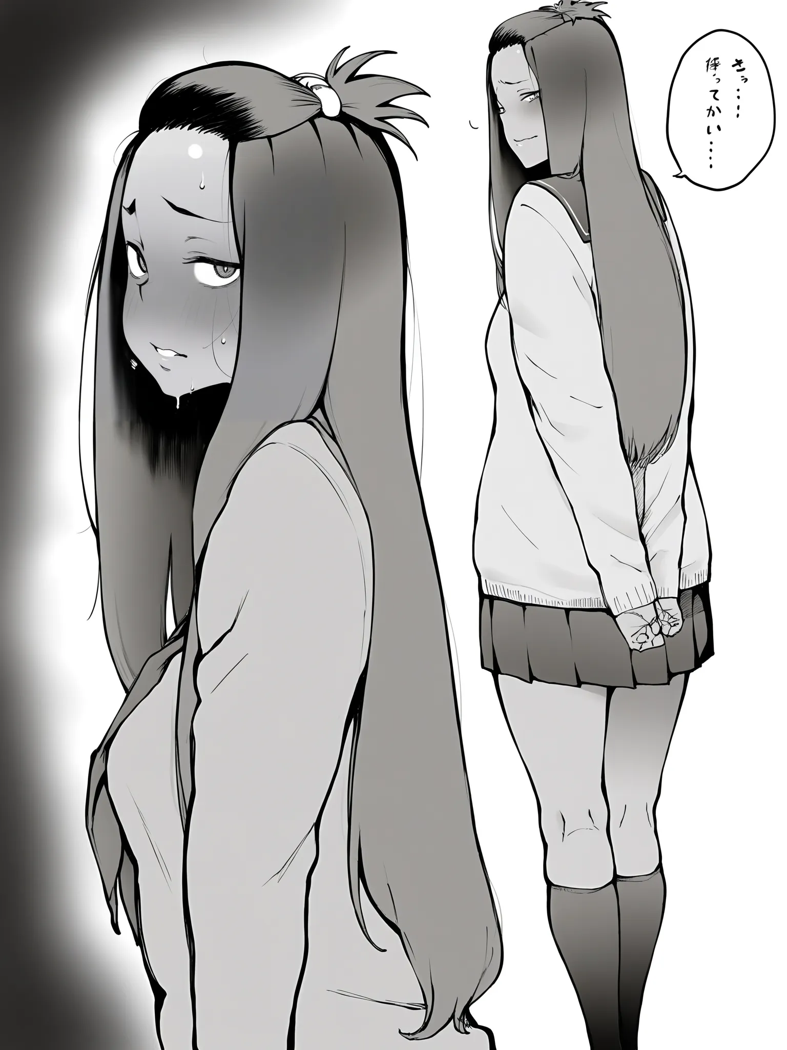 masterpiece,amazing quality, solo female, solo focus, 
 <lora:Metsuki_Warui_Kyoudan_Suruga_Kuroitsu_Hyouri_no_Omoi_Doujin_Character_And_Style_Illustrious:1>,metsuki_warui, long hair, blush, sweat, hetero, dark skin, dark-skinned female, school uniform, socks, bangs pinned back, 1girl, standing, looking back at viewer,