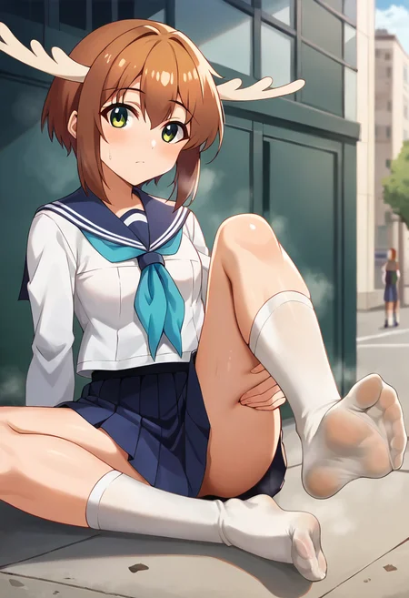 score_9, score_8_up, score_7_up, source_anime, masterpiece, 1girl, ct_shikan0k0, blue skirt, blue sailor collar, blue neckerchief, serafuku, pleated skirt, long sleeves, outdoors, city, depth of field, sunny, day, shiny skin, kneehighs, looking at viewer, sitting, hand between legs, feet, soles, foot focus, sweat, smell, knee up, on ground, ground, :3, :d, head tilt, <lora:Shikanoko_Noko_pony_v1:0.8>