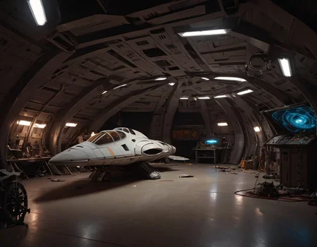 retrofuturism style frelling, frelling interior, scenery, interior of a spaceship garage, spacecraft partially disassembled, science fiction, dramatic lighting, <lora:Frelling_Interior:1.0>