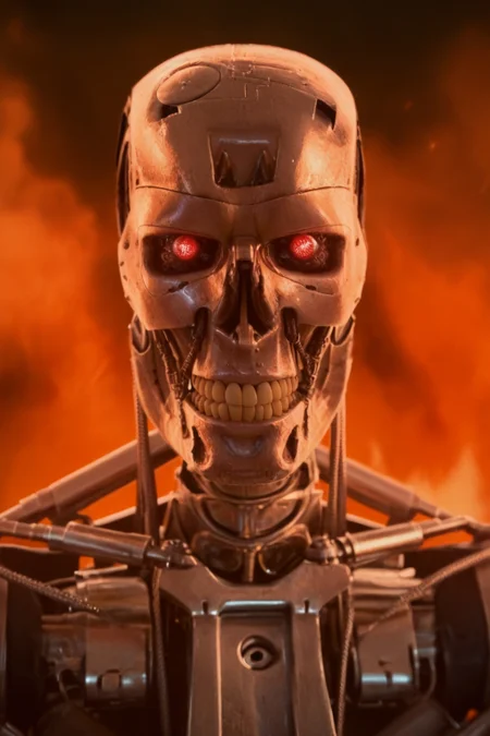 T800_Endo, Terminator robot, score_9, score_8_up, score_7_up, (source_IRL, source_movie), cinematic, realistic, masterpiece, high quality, highres RAW photo, ((close-up shot, close-up head shot, front view))
((an UpgradedT800_Endo Terminator Robot)) with red eyes, he is made of metal, he is made of shiny chrome metal, new, clean, <lora:T800_Endo_Terminator_Pony_v1-000019:1>
(standing in flames)
black background, in flames, fire, flames and fire everywhere, there is so much fire
dynamic lighting, highly detailed, intricate details