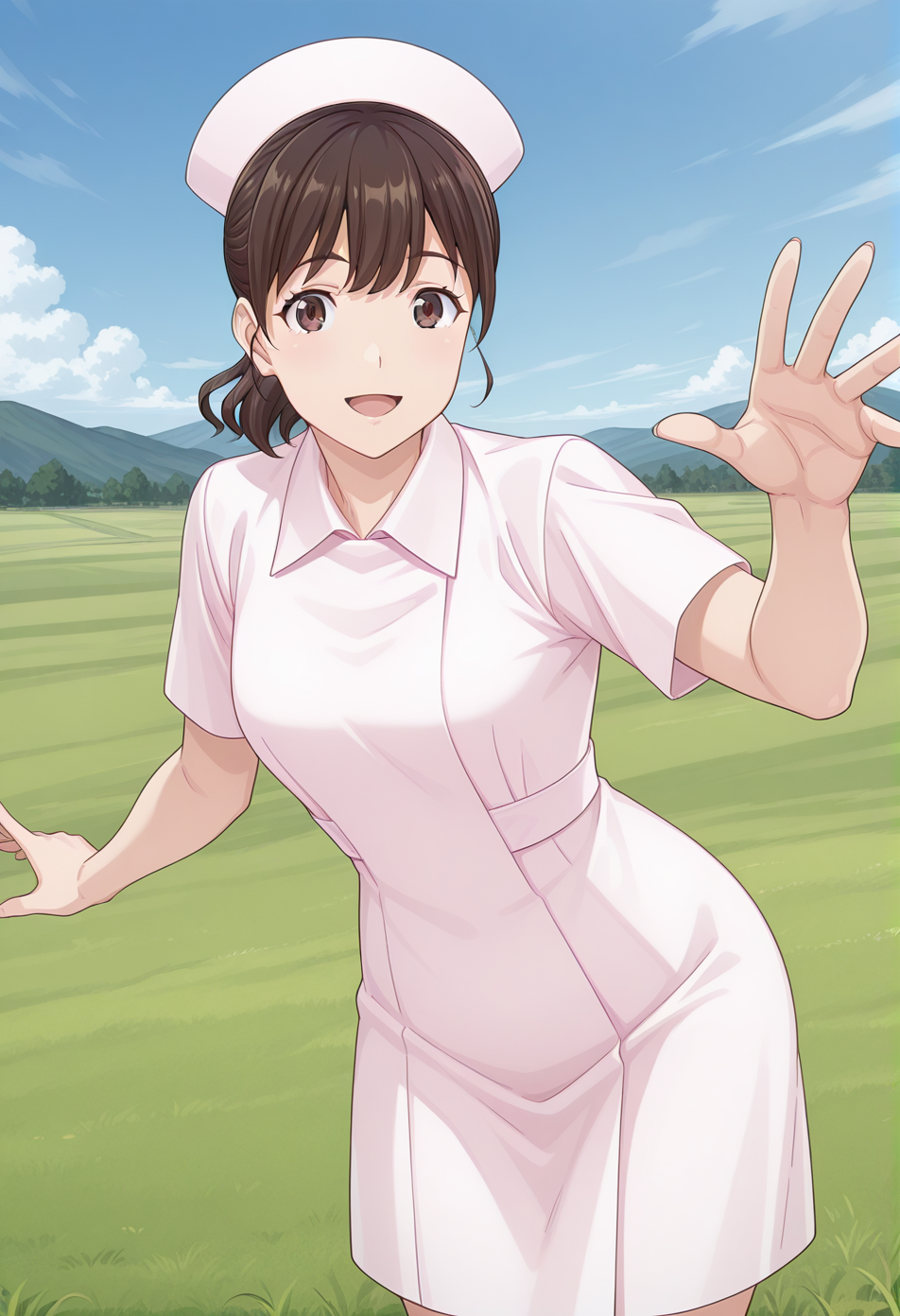 tantei1_kangofu, brown eyes, brown hair, ponytail, mature female, nurse cap, nurse, white dress, <lora:tantei1_kangofu_illustrious_ver1:0.8> 
smile, open mouth, cowboy shot,, masterpiece, best quality, sensitive,, 1girl, solo, blue sky, (grasslands:1.2), looking at viewer,, (dynamic pose:1.4),