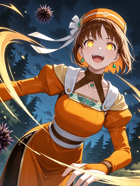 masterpiece,best quality,newest,
1girl,solo,
<lora:Elfir_Traum_ilxl_v1.2:1>,e_hat,elfir_traum,short hair,brown hair,brown eyes,e_clothes,bridal gauntlets,
<lora:Fixhands_anime_bdsqlsz_V1:1>,dynamic_angle,cinematic_angle,glowing eyes,fighting_stance,fighting,night,darkness,(motion_blur:1.3),(motion line:1.2),(speed_lines:1.1),aura effect,dark cloud,leaning_forward,pov,looking_at_viewer,open mouth,laughing,bent over,looking ahead,fantasy,medieval style,tossing sea urchin,forest,upper_body,