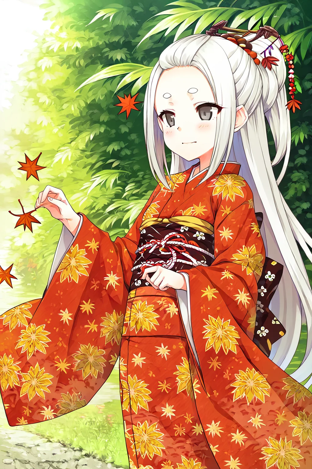 score_9,score_8,1girl,<lora:CURA:0.8>,Denshahime,kimono,japanese clothes,leaf print,white hair,hair ornament,obi,maple leaf,wide sleeves,grey eyes,leaf,long hair,thick eyebrows,long sleeves,orange kimono,print kimono,black eyes,