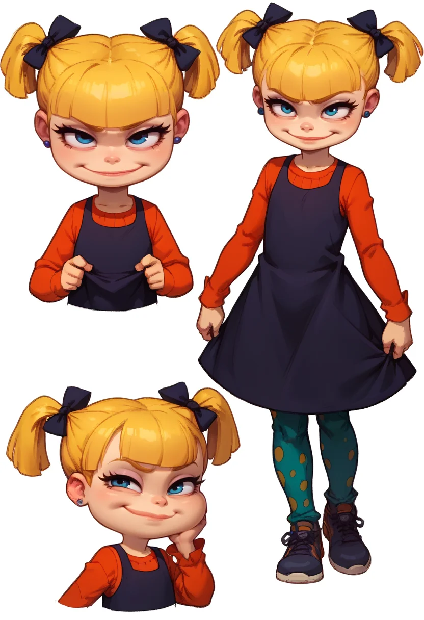 score_9, score_8_up, score_7_up, score_6_up, score_5_up, score_4_up, conceptart,multiple views,white background,simple background,<lora:concept:1>, 
1girl, child, blonde hair, twintails, dress, hair bow, polka dot leggings, smug
<lora:princess_xl_v1:0.7>, <lora:Expressive_H:0.6>, <lora:incase-ilff-v3-4:0.5>, <lora:MysticalPlantPenetratorPDXL:0.5>, <lora:AngelicaXL_PonyXLV6_v5:1>