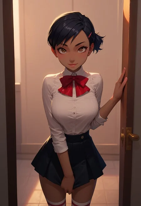 score_9, score_8_up, score_7_up, score_6_up, 
1girl, perfect face, cute, petite, looking at viewer,
yukop3, short hair, hairclip, dark skin, brown eyes, black hair, gekkoukan uniform, skirt, socks,
, male pov, submissive, three fingers, one thumb, bedroom, indoors, , random face expression, happy,  large breasts,  standing,  leaning against door way, seductive pose, ((stripping)), removing clothes,  open shirt, seductive expression,  hand on shirt, confident,  smirk,